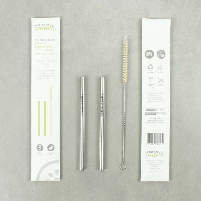 Stainless Steel Short Reusable Drinking Straws - Pack of 2 with brush